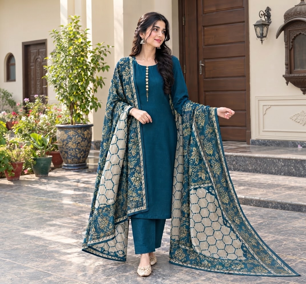 Teal Raw Silk 3-Piece Unstitched Suit with Gold Jacquard Shawl