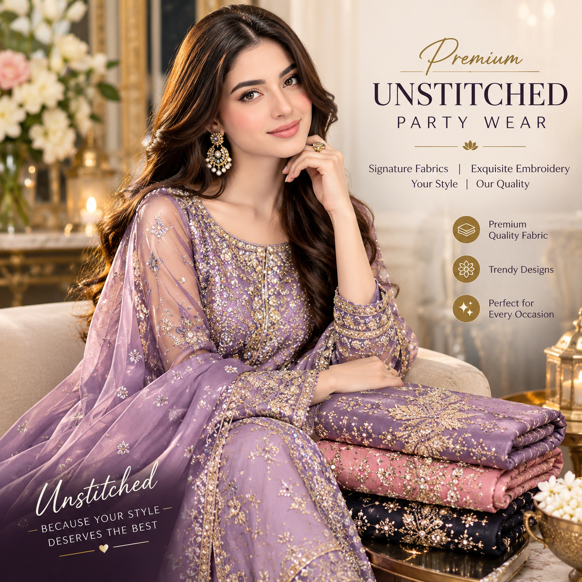 Premium Unstitched Party Wear Embroidered Dress