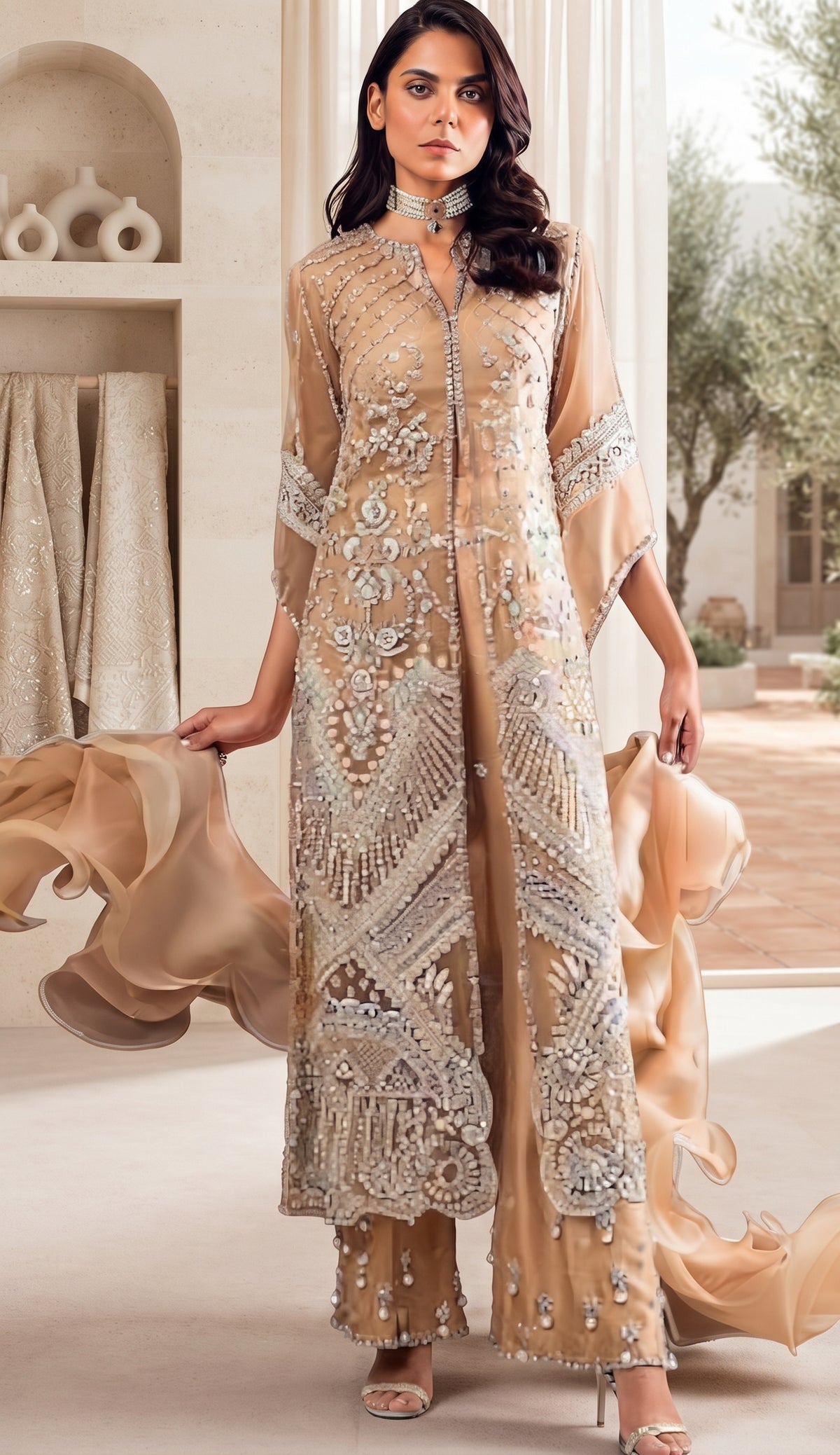 Luxury Pearl & Sequin Embroidered Unstitched 3-Piece | Nude Gold Organza Dupatta