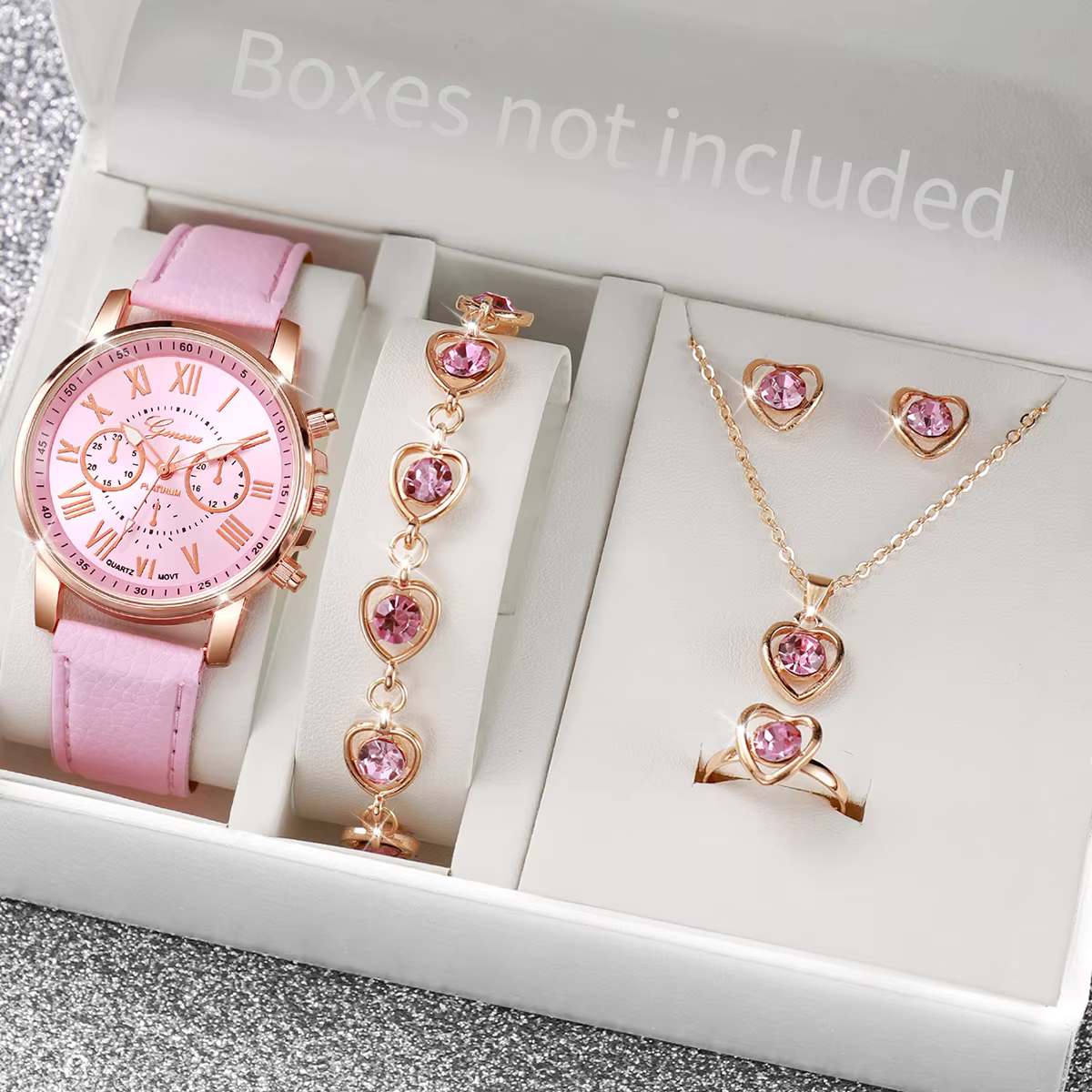 Pink Heart Charm Watch & Jewelry Set – Rose Gold Elegance