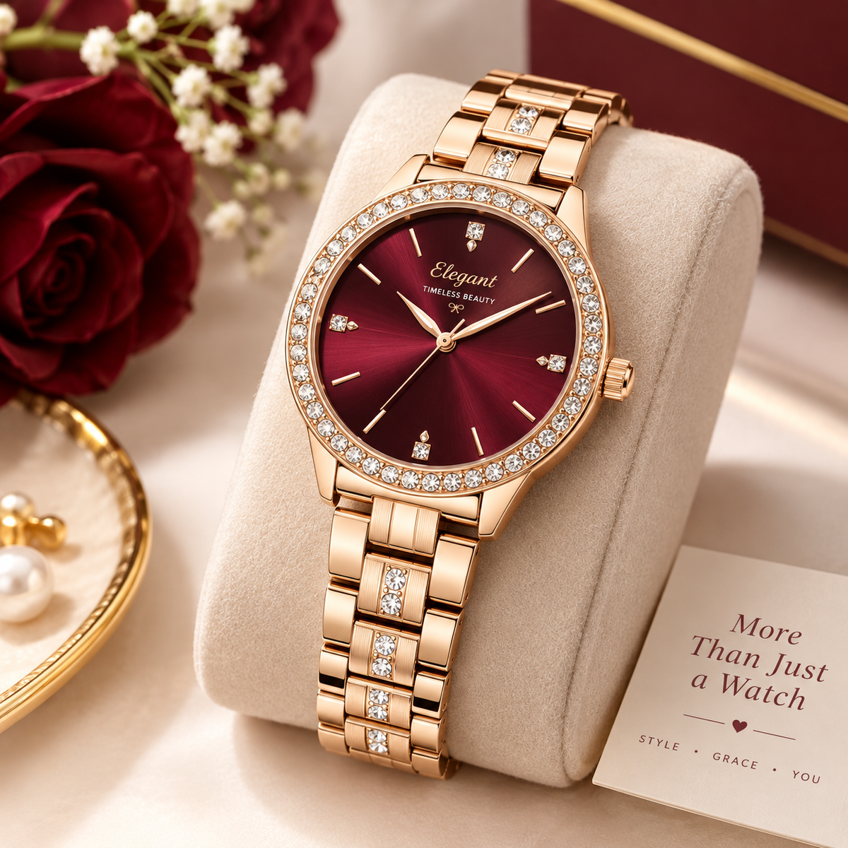 Luxury Rose Gold Ladies Watch – Burgundy Dial with Crystal Details