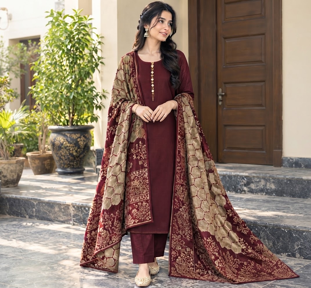 Royal Maroon Winter Formal Unstitched Suit with Heavy Shawl
