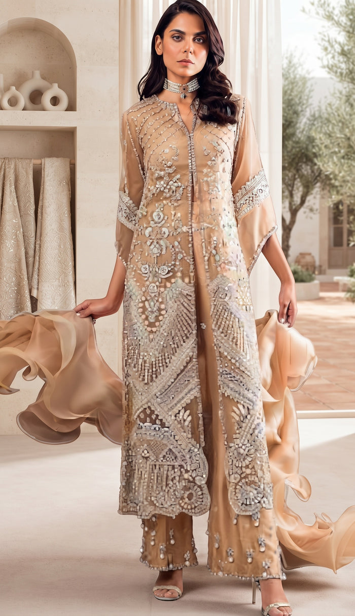 Luxury Pearl & Sequin Embroidered Unstitched 3-Piece | Nude Gold Organza Dupatta